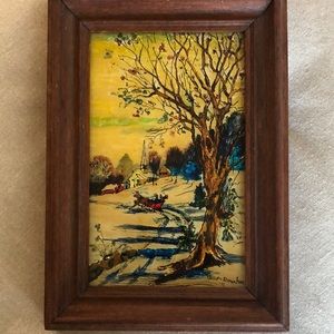 Vintage 1976 Tinsel Foil Reverse painting  - winter scene